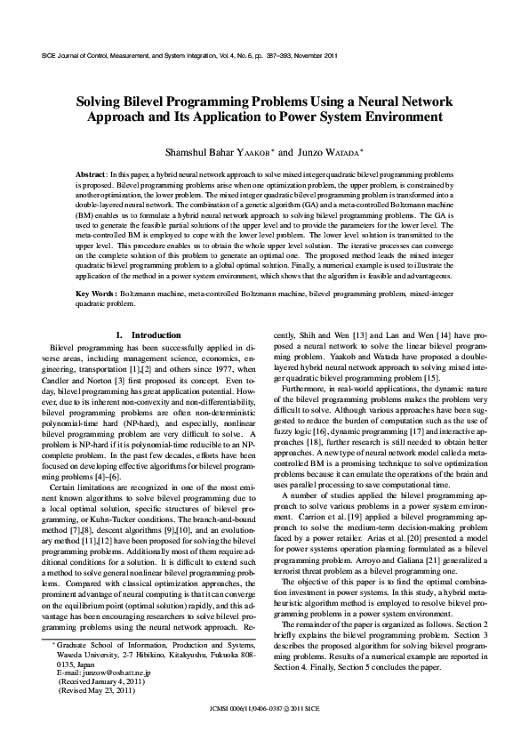 (PDF) Solving Bilevel Programming Problems Using a Neural Network ...