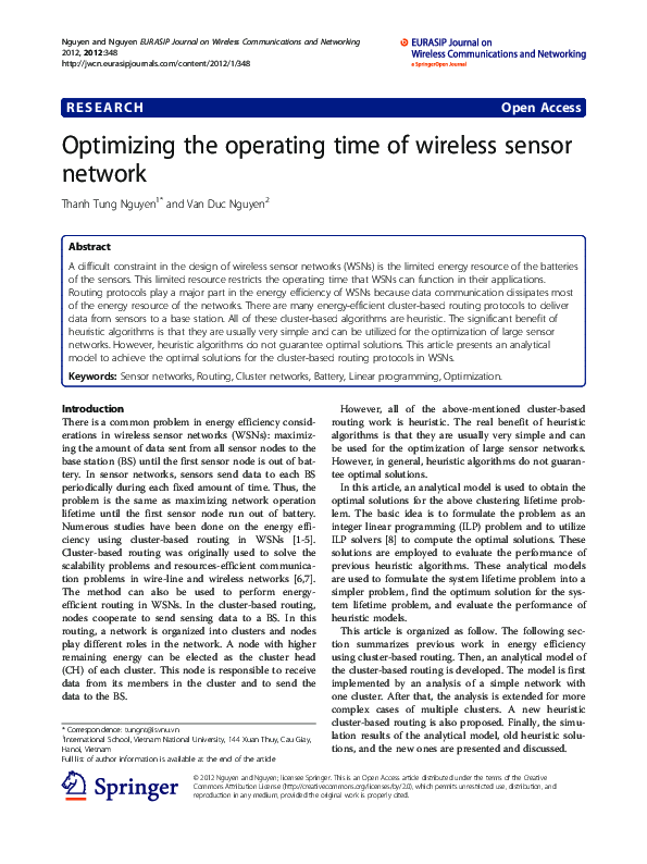 (PDF) Optimizing the operating time of wireless sensor network