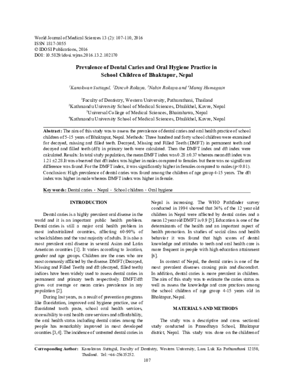 (PDF) Prevalence of Dental Caries and Oral Hygiene Practice in School ...