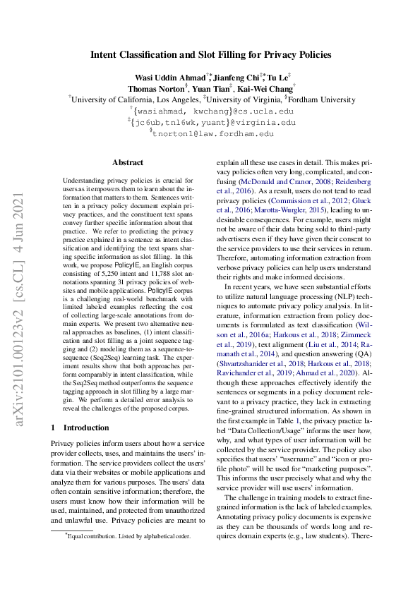 (PDF) Intent Classification and Slot Filling for Privacy Policies