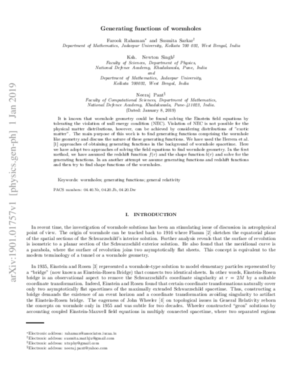 (PDF) Generating functions of wormholes