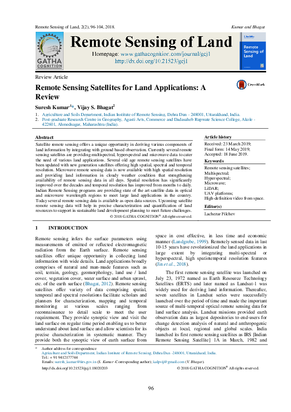 (PDF) Remote Sensing Satellites for Land Applications: A Review