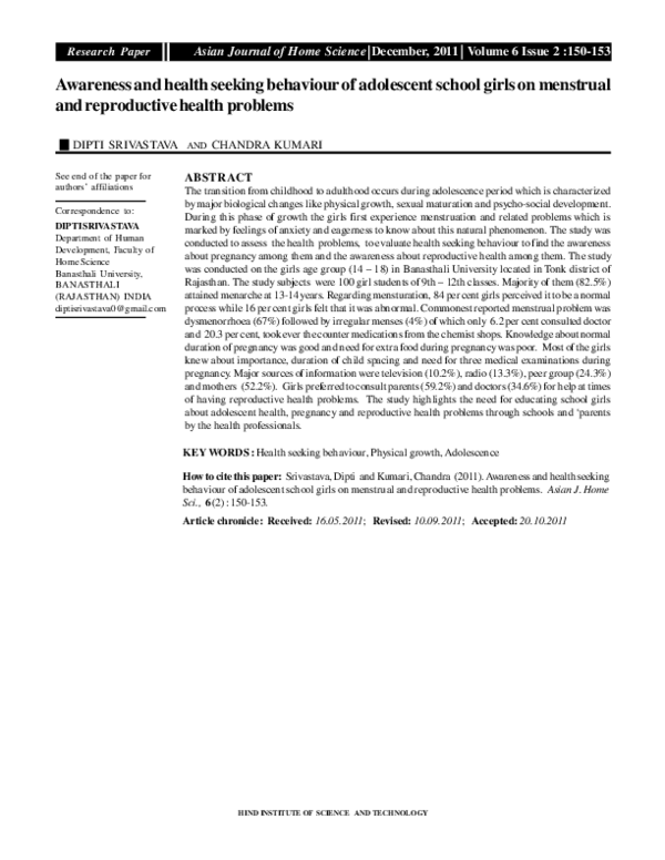 (PDF) Awareness and health seeking behaviour of adolescent school girls ...