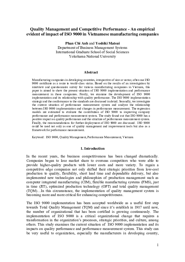 (PDF) Quality Management and Competitive Performance-An empirical ...
