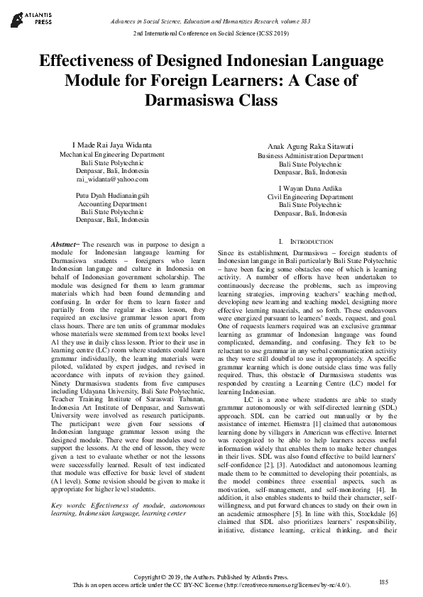 (PDF) Effectiveness of Designed Indonesian Language Module for Foreign ...