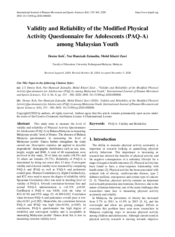 (PDF) Validity and Reliability of the Modified Physical Activity ...