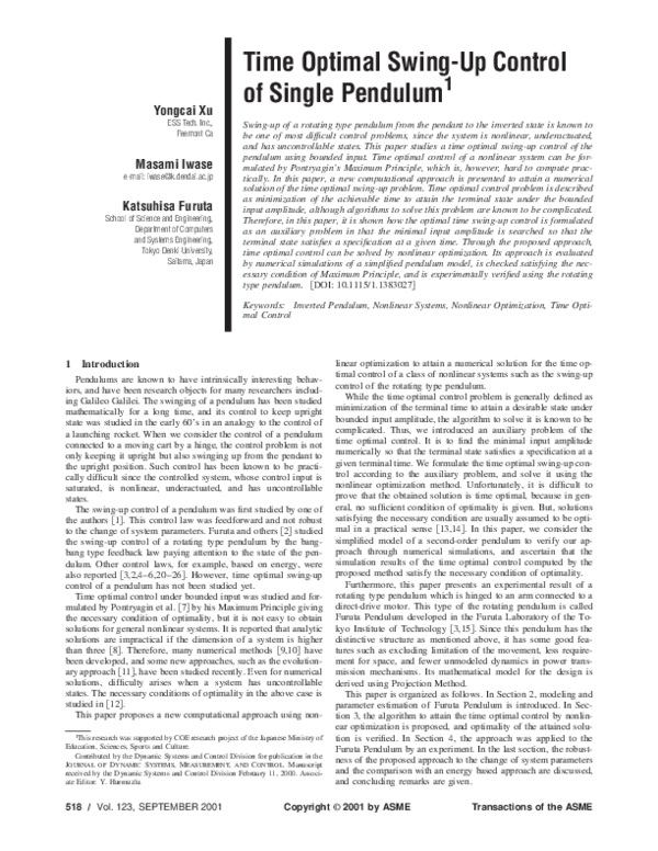 Pdf Time Optimal Swing Up Control Of Single Pendulum