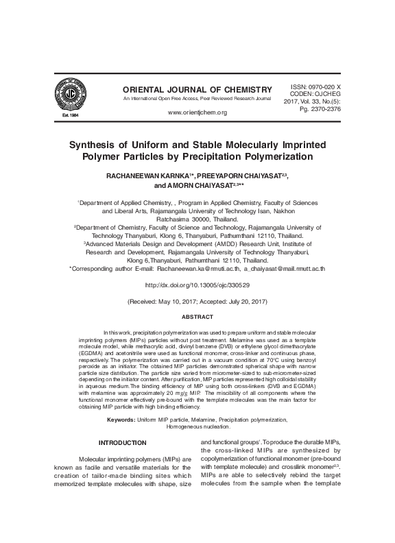(PDF) Synthesis of Uniform and Stable Molecularly Imprinted Polymer ...