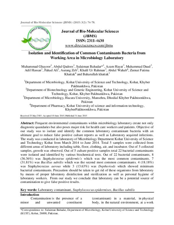 (PDF) Isolation and Identification of Common Contaminants Bacteria from ...