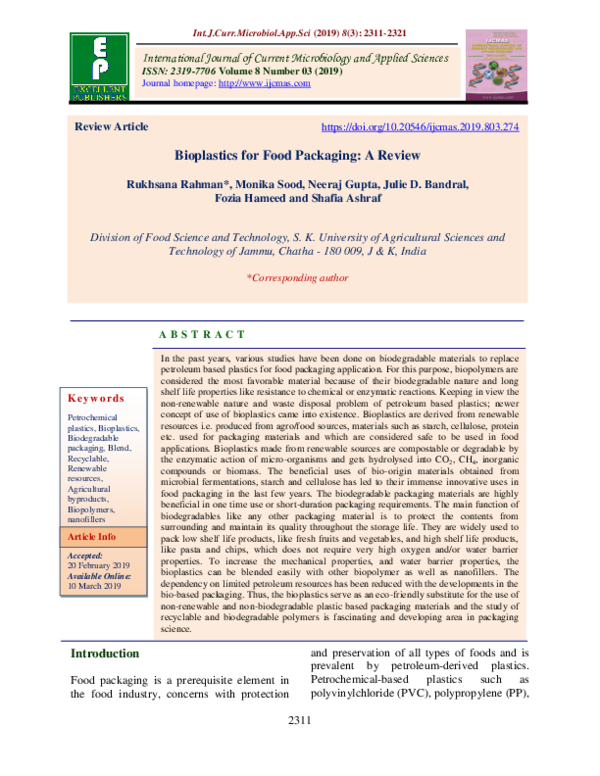 (PDF) Bioplastics for Food Packaging: A Review