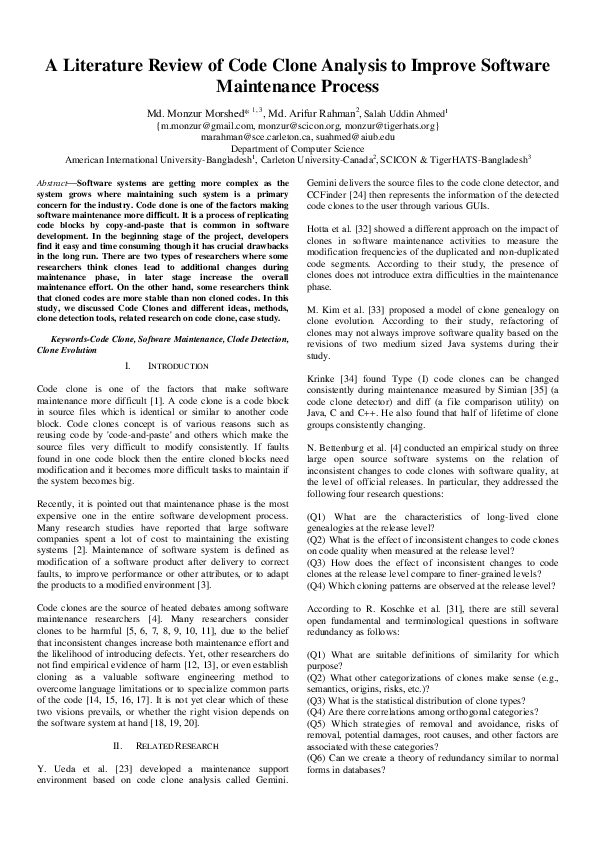 (PDF) A Literature Review of Code Clone Analysis to Improve Software ...