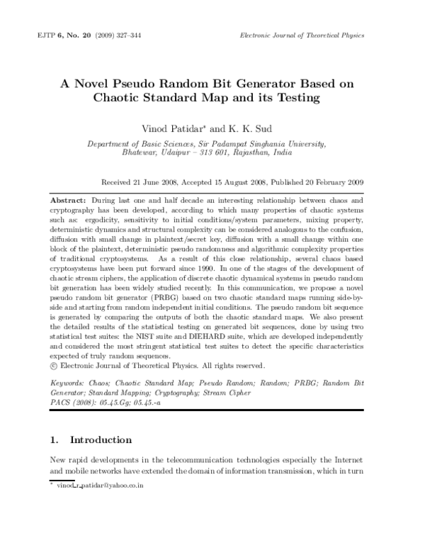(PDF) A Novel Pseudo Random Bit Generator Based on Chaotic Standard Map ...