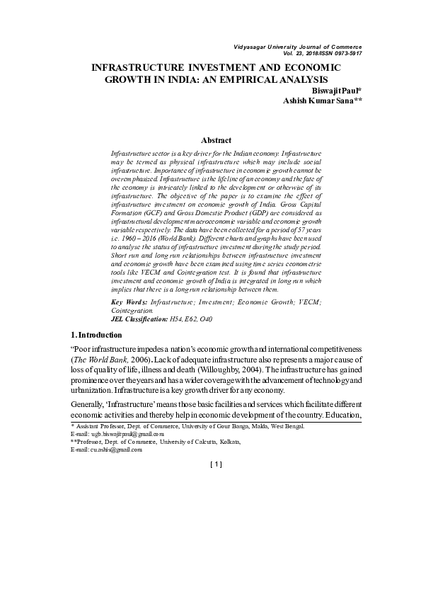 (PDF) Infrastructure Investment and Economic Growth in India: An ...