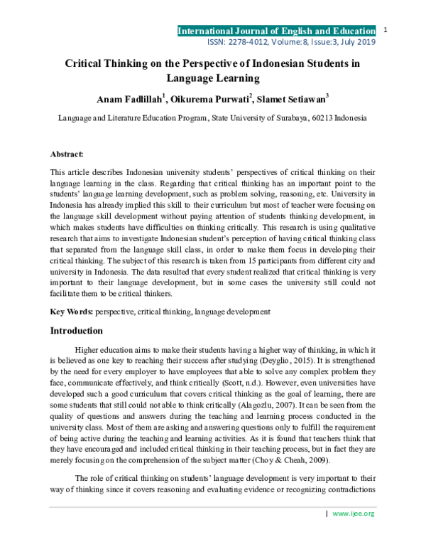 (PDF) Critical Thinking on the Perspective of Indonesian Students in ...