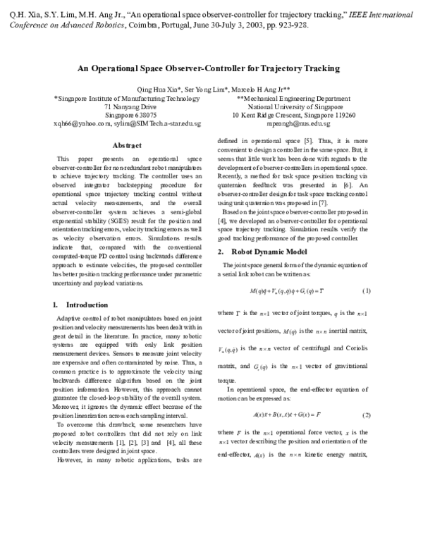 (PDF) An operational space observer-controller for trajectory tracking