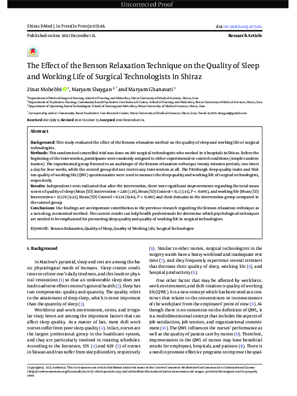 (PDF) The Effect of the Benson Relaxation Technique on the Quality of ...