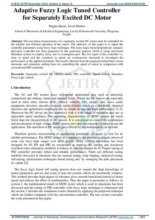 (PDF) Adaptive Fuzzy Logic Tuned Controller for Separately Excited DC Motor