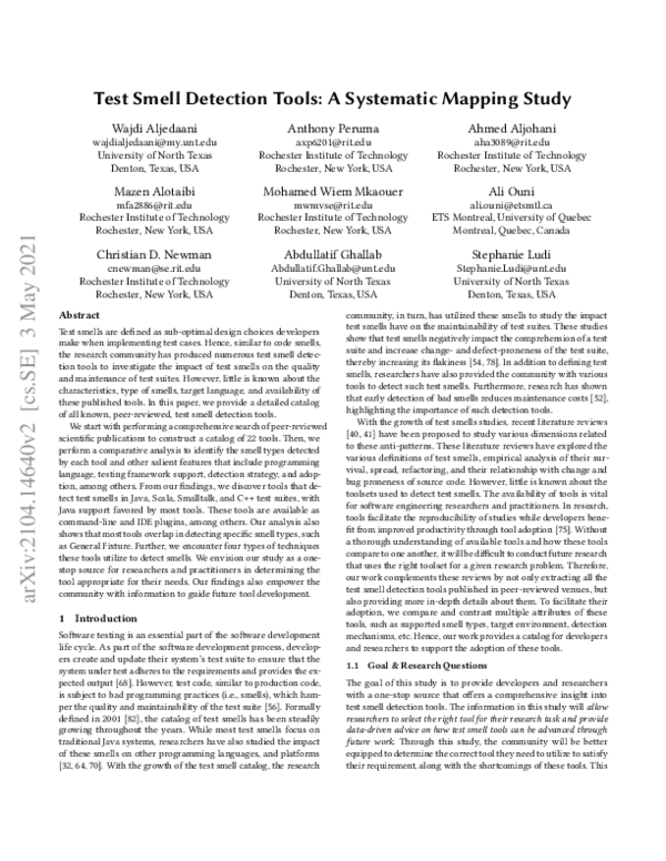 (PDF) Test Smell Detection Tools: A Systematic Mapping Study