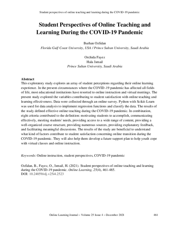 (PDF) Student Perspectives of Online Teaching and Learning During the ...