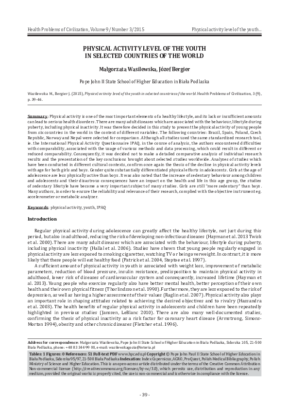 (PDF) Physical Activity Level of the Youth in Selected Countries of the ...