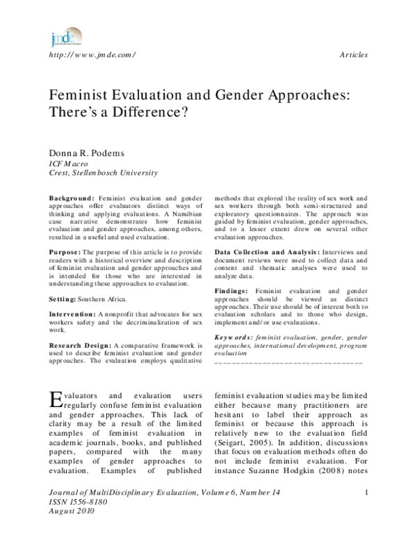 (PDF) Feminist Evaluation and Gender Approaches: There's a Difference?