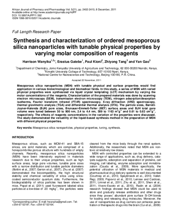 (PDF) Synthesis and characterization of ordered mesoporous silica ...