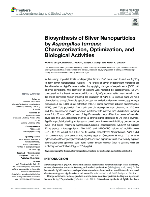 (PDF) Biosynthesis of Silver Nanoparticles by Aspergillus terreus ...