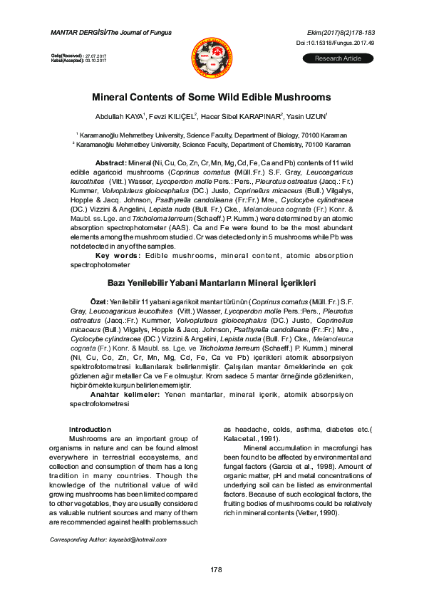 (PDF) Mineral Contents of Some Wild Edible Mushrooms
