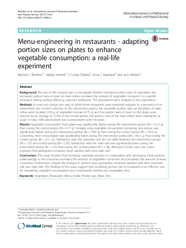 (PDF) Menu-engineering in restaurants - adapting portion sizes on ...