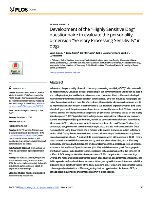 (PDF) Development of the “Highly Sensitive Dog” questionnaire to