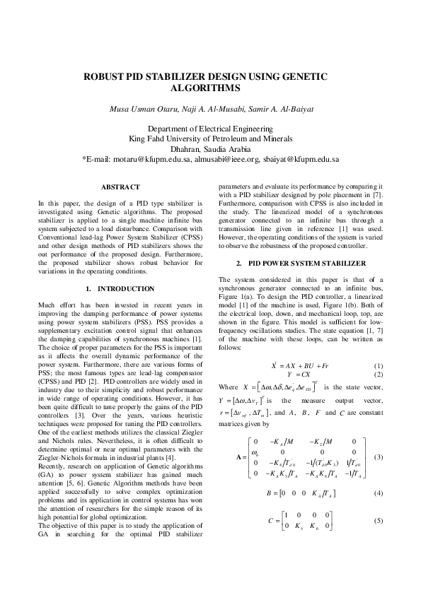 (PDF) Robust Pid Stabilizer Design Using Algorithms Musa