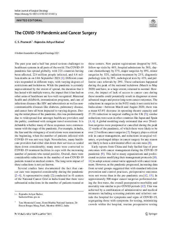 (PDF) The COVID-19 Pandemic and Cancer Surgery