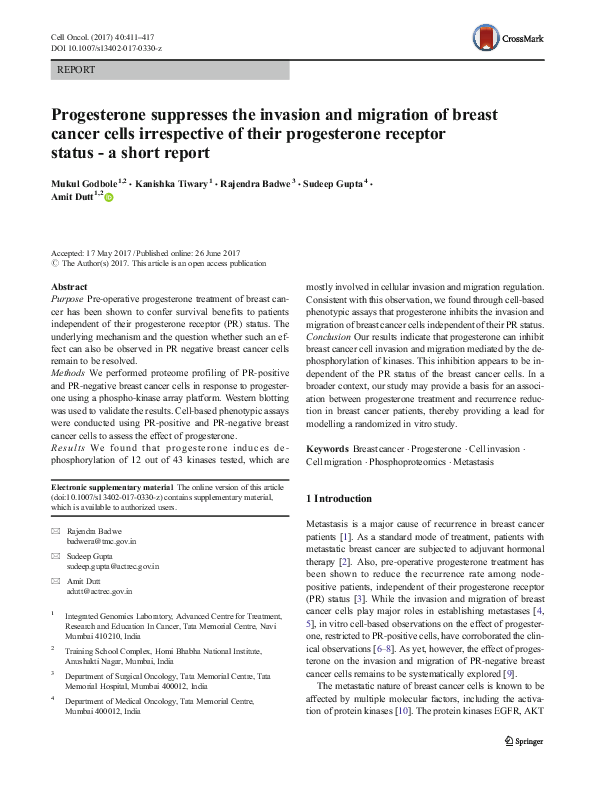 (PDF) Progesterone suppresses the invasion and migration of breast ...