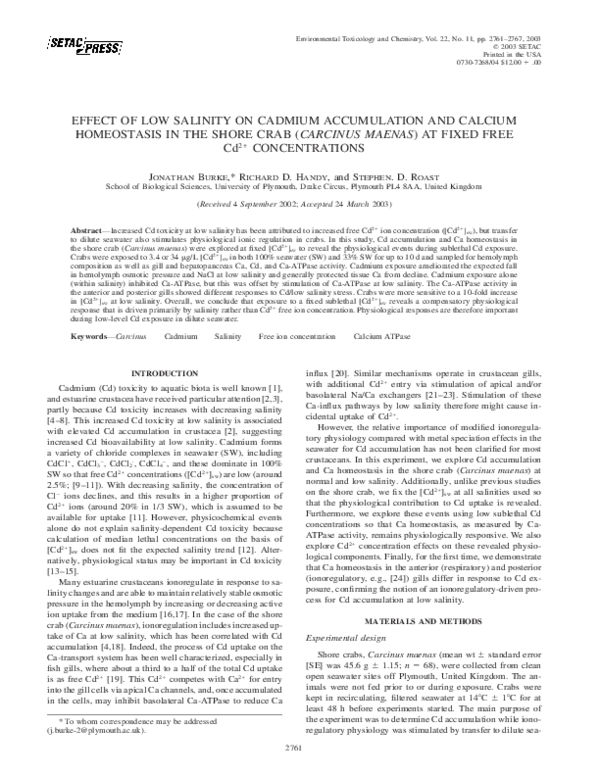 (PDF) Effect of Low Salinity on Cadmium Accumulation and Calcium ...