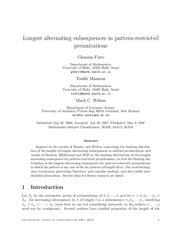 (PDF) Longest Alternating Subsequences in Pattern-Restricted Permutations