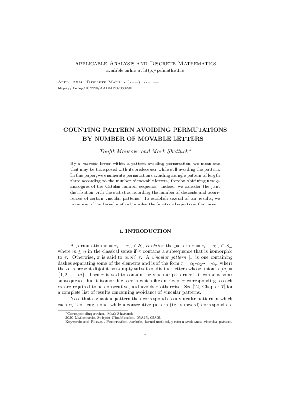 (PDF) Counting pattern avoiding permutations by number of movable letters