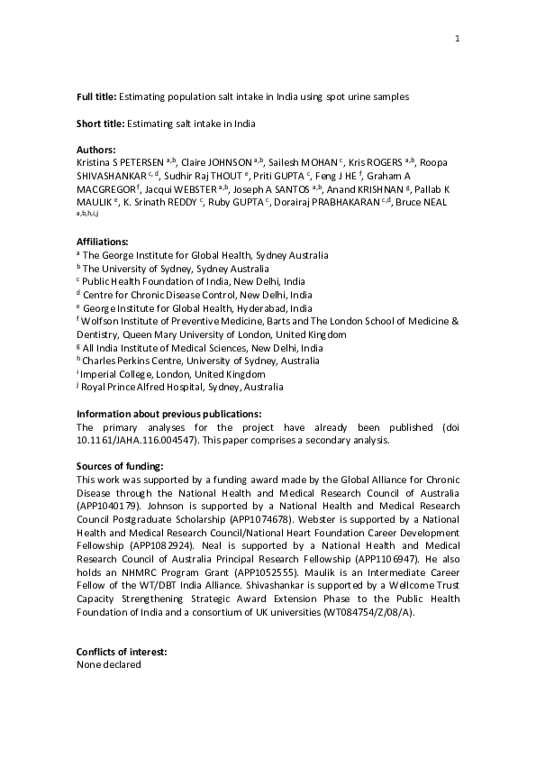 (PDF) Estimating population salt intake in India using spot urine samples