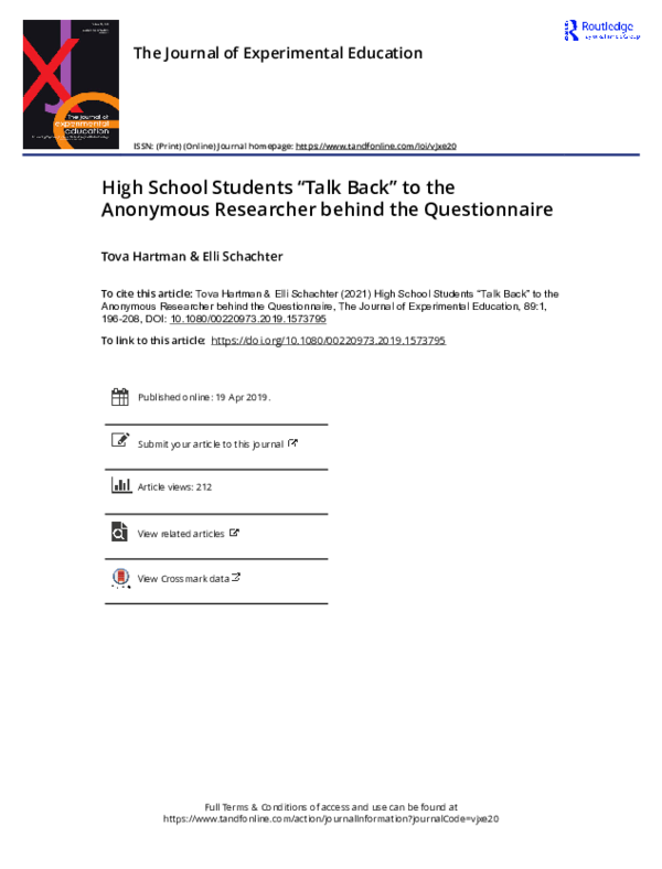(PDF) High School Students “Talk Back” to the Anonymous Researcher ...
