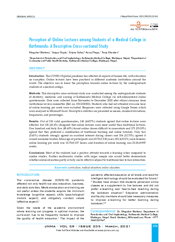 (PDF) Perception of Online Lectures among Students of a Medical College ...