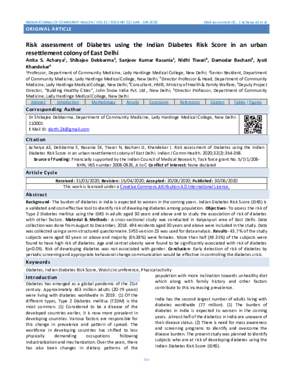 (PDF) Risk assessment of Diabetes using the Indian Diabetes Risk Score ...