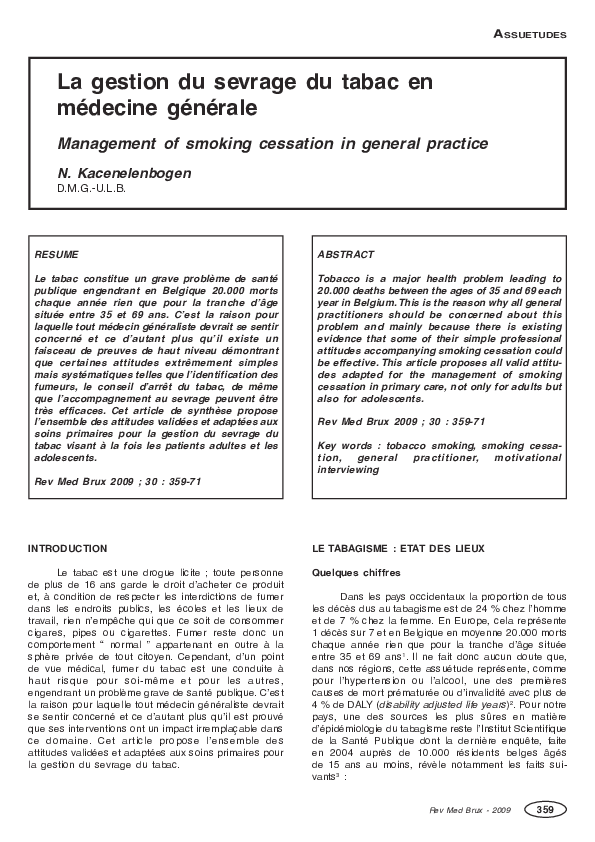 (PDF) La gestion du sevrage du tabac en médecine générale