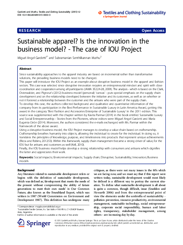 (PDF) Sustainable apparel? Is the innovation in the business model ...