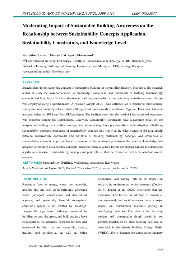 (PDF) Moderating Impact of Sustainable Building Awareness on the ...