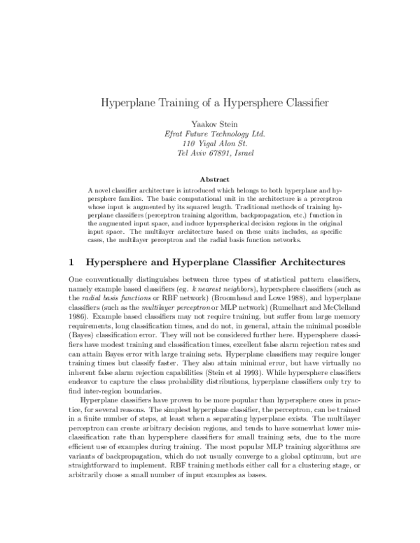 (PDF) Hyperplane Training of a Hypersphere Classifier. these proceedings