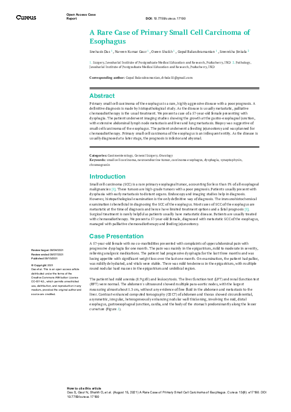 (PDF) A Rare Case of Primary Small Cell Carcinoma of Esophagus