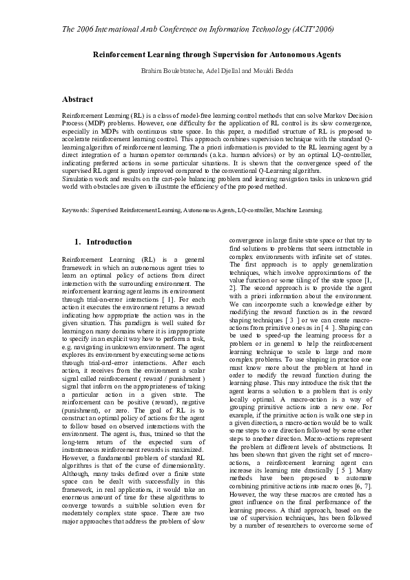 (PDF) Reinforcement Learning through Supervision for Autonomous Agents