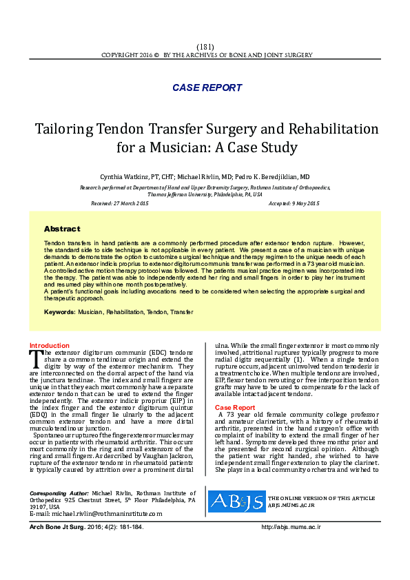 (PDF) Tailoring Tendon Transfer Surgery and Rehabilitation for a ...