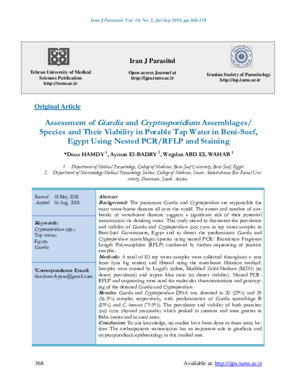 (PDF) Assessment of Giardia and Cryptosporidium Assemblages/ Species ...