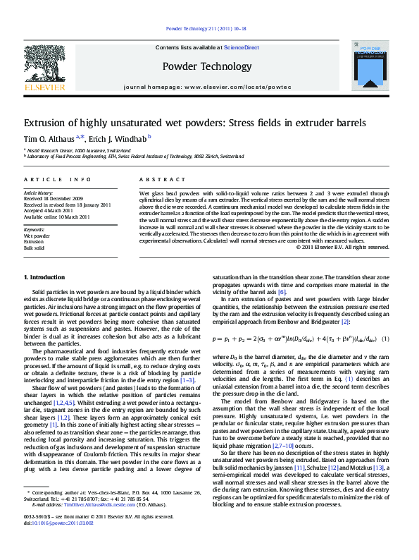 (PDF) Extrusion of highly unsaturated wet powders: Stress fields in ...