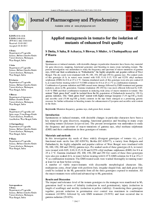 (PDF) Applied mutagenesis in tomato for the isolation of mutants of ...